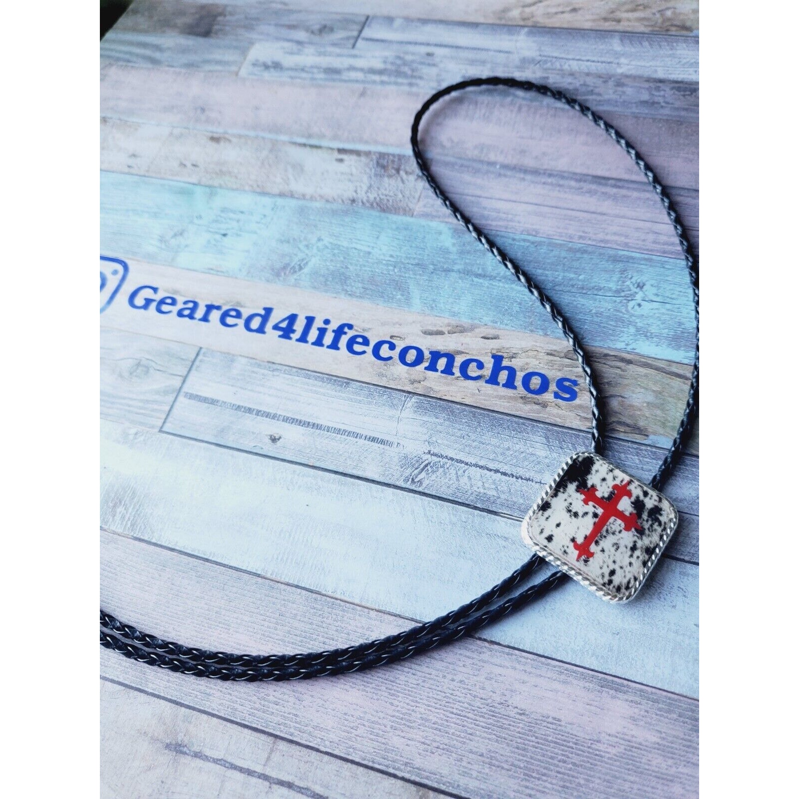 Unique Custom Cowhide Cross Print Bolo Tie Necklace Western Necklace